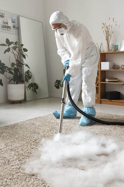 A professional in full protective gear, including a white suit, face mask, and blue gloves, performing deep cleaning on a beige carpet in a modern living room. The cleaner uses a steam or extraction c