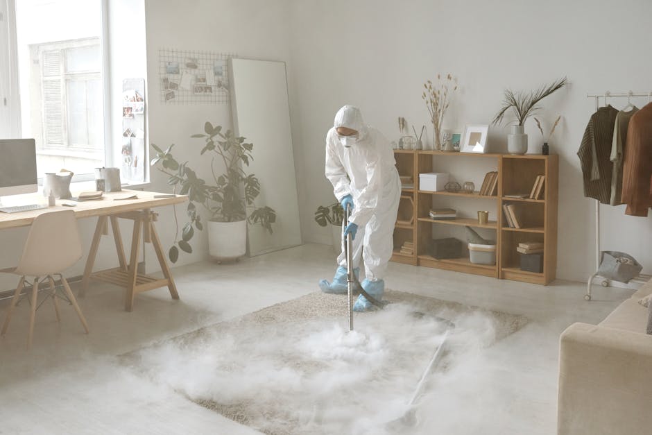 A professional in full protective gear, including a white suit, face mask, and blue gloves, performing deep cleaning on a beige carpet in a modern living room. The cleaner uses a steam or extraction c